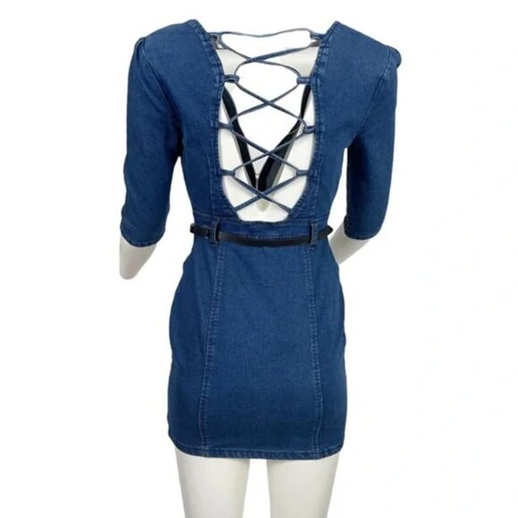 Open Back Denim Mini Dress Dark Wash - Picture 3 of 3